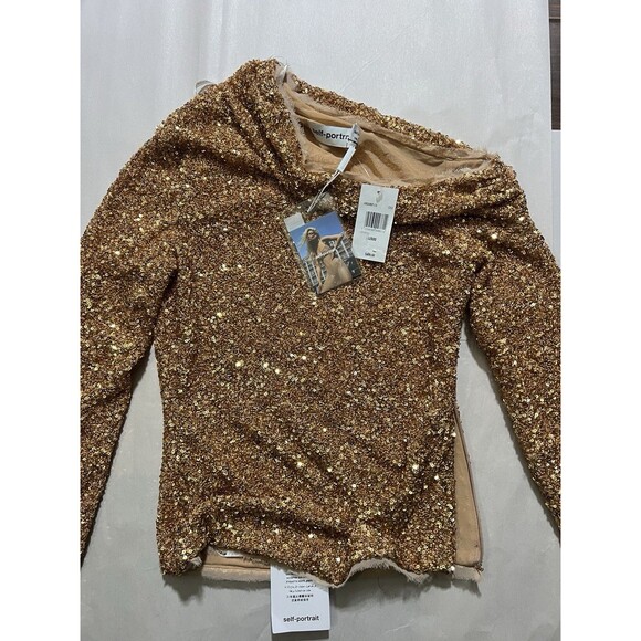 Self Portrait Gold Sequin Asymmetric Zip Top Sz 0  NWT - Picture 2 of 11